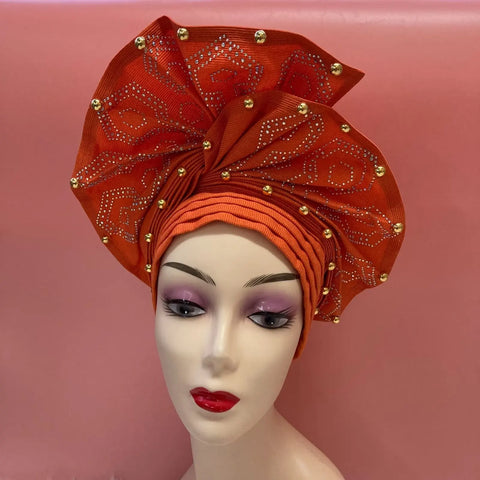 Image of Fahion High Quality Nigerian Gele Headtie Aso Oke Gele Already Made Auto Gele Aso Ebi Headtie African Turban with Bead Z1113-1-FrenzyAfricanFashion.com