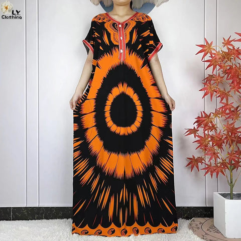 Image of Party Dress Women Loose Cotton Short Sleeve Maxi Robe Floral Abaya-FrenzyAfricanFashion.com