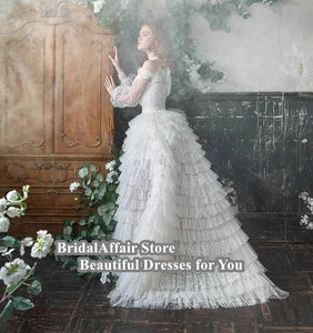 Lace Appliques A Line Ruffles Bridal Dress Full Lace Sleeves-FrenzyAfricanFashion.com