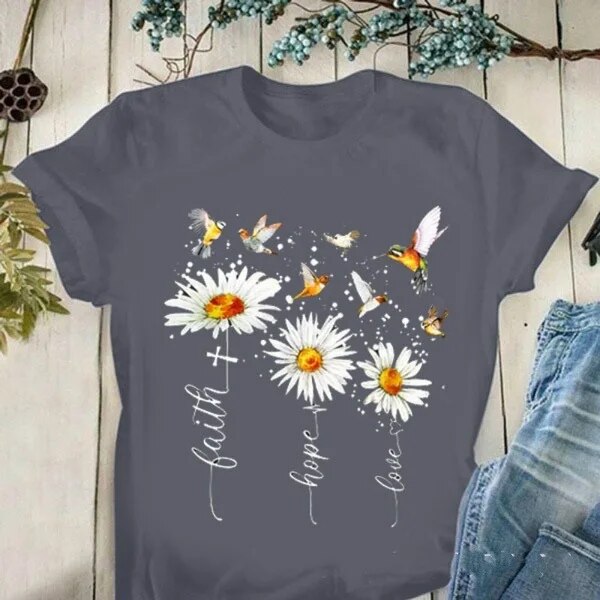 Faith Hope Love Daisy Print T Shirt Women Short Sleeve O Neck Loose-FrenzyAfricanFashion.com