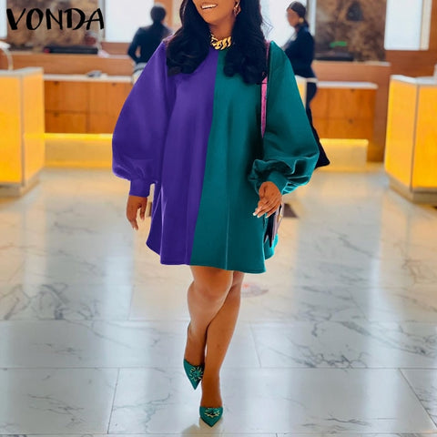 Image of VONDA Oversize Femme Pleated Polyester 3/4 Sleeve Loose Vestido Elegant Women Fashion Robe O Neck A-Line Patchwork Midi Sundress-FrenzyAfricanFashion.com