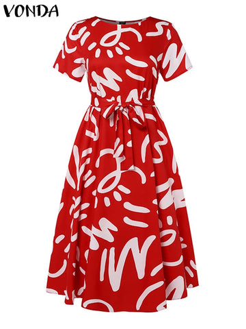 Image of Plus Size 5XL VONDA Summer Women Dress 2024 Fashion Belted Maxi Long Party Dress Vintage Printed Sundress Casual Vestidos Robe-FrenzyAfricanFashion.com