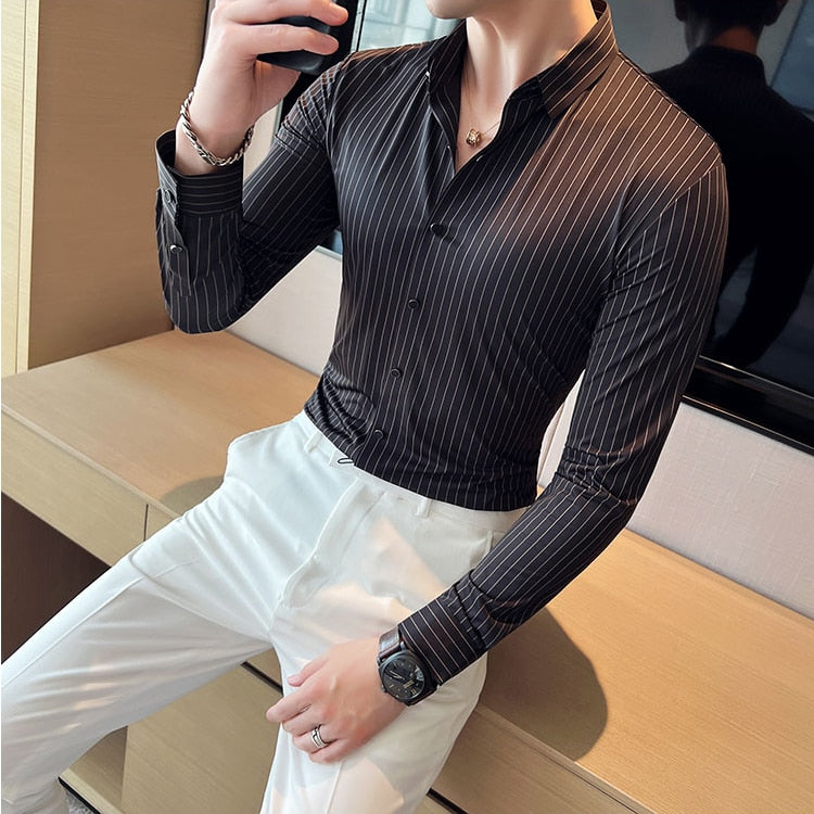 High Elasticity Seamless Men's Shirt Long Sleeve Slim Casual Shirt