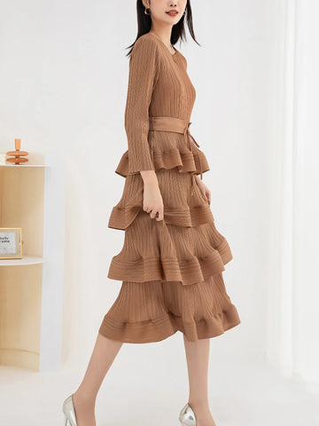 Image of Women Pleated Mid Dress Solid Color Ruffles Party Wedding-FrenzyAfricanFashion.com