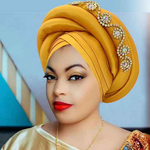 Image of Twisted Braid Turban Cap for Women African Lady Head Wraps Diamonds Nigeria Raw Silk Autogele Headtie Muslim Hat Party Headwear-FrenzyAfricanFashion.com