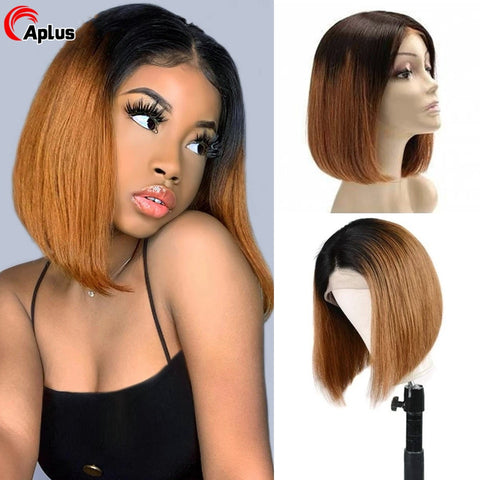 Image of Straight Short Bob Human Hair Wigs Brazilian Ombre Blonde Bob Wig Lace Front Human Hair Wigs Blunt Cut Bob Wigs For Black Women-FrenzyAfricanFashion.com