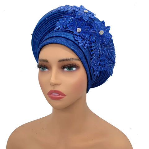 Image of Embroidery Flower African Autogele Headtie Women's Fashion Turban Cap Wedding Gele Party Headpiece Nigeria Female Head Wraps-FrenzyAfricanFashion.com