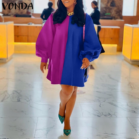 Image of VONDA Oversize Femme Pleated Polyester 3/4 Sleeve Loose Vestido Elegant Women Fashion Robe O Neck A-Line Patchwork Midi Sundress-FrenzyAfricanFashion.com