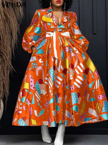 Image of Plus Size VONDA Elegant Women Satin Dress V-neck Bohemian Ruffled Long Dress Floral Printed Puff Sleeve Casual Sundress Belted-FrenzyAfricanFashion.com