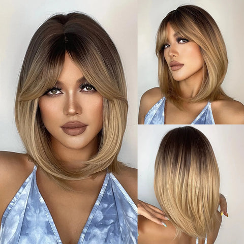 Image of Brown Ombre Synthetic Women Medium Length Wig with Bangs Heat Resistant-FrenzyAfricanFashion.com