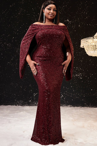 Image of Women Plus Size Formal Dress Burgundy Cape Off The Shoulder Sequin Wedding Guest Cocktail Slim Elegant Maxi Dresses 2024-FrenzyAfricanFashion.com