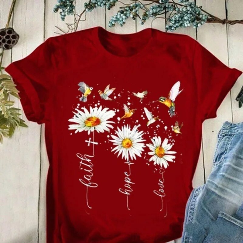 Faith Hope Love Daisy Print T Shirt Women Short Sleeve O Neck Loose-FrenzyAfricanFashion.com