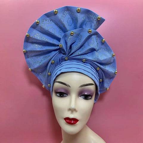 Image of Fahion High Quality Nigerian Gele Headtie Aso Oke Gele Already Made Auto Gele Aso Ebi Headtie African Turban with Bead Z1113-1-FrenzyAfricanFashion.com