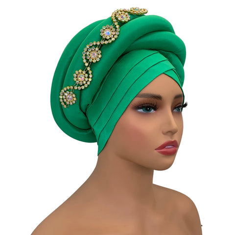 Image of Twisted Braid Turban Cap for Women African Lady Head Wraps Diamonds Nigeria Raw Silk Autogele Headtie Muslim Hat Party Headwear-FrenzyAfricanFashion.com