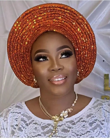 Image of Sequins Auto Gele Headtie African Women's Head Wraps Fashion Turban Cap Nigeria Wedding Geles Already Made Head Ties Headpiece-FrenzyAfricanFashion.com