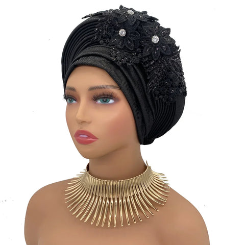 Image of Embroidery Flower African Autogele Headtie Women's Fashion Turban Cap Wedding Gele Party Headpiece Nigeria Female Head Wraps-FrenzyAfricanFashion.com