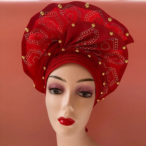 Image of Fahion High Quality Nigerian Gele Headtie Aso Oke Gele Already Made Auto Gele Aso Ebi Headtie African Turban with Bead Z1113-1-FrenzyAfricanFashion.com