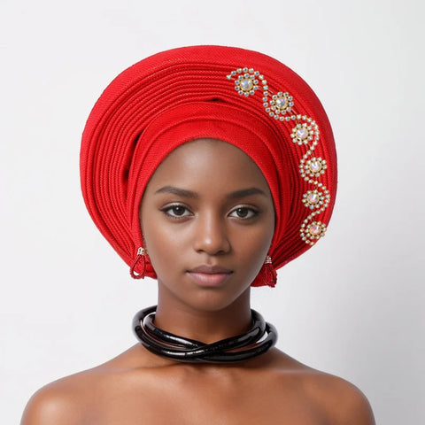 Image of African auto gele Headtie Wedding Party Headpiece Women Head Wraps Muslim Hat-FrenzyAfricanFashion.com