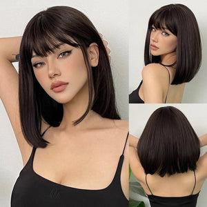 Short Black Brown Synthetic Natural Hair Wigs for Women Bob Straight Wig with Bangs High Temperature Daily Cosplay Party Wigs-FrenzyAfricanFashion.com