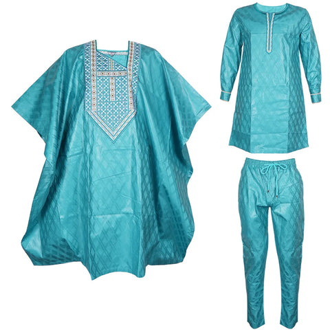 Image of Formal Attire Bazin Riche Dashiki Green Shirt Pants Robe Suit Agbada-FrenzyAfricanFashion.com