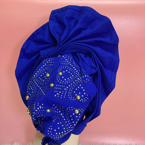 Image of Fahion High Quality Nigerian Gele Headtie Aso Oke Gele Already Made Auto Gele Aso Ebi Headtie African Turban with Bead Z1113-1-FrenzyAfricanFashion.com