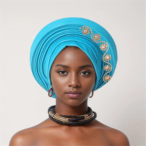 Image of African auto gele Headtie Wedding Party Headpiece Women Head Wraps Muslim Hat-FrenzyAfricanFashion.com