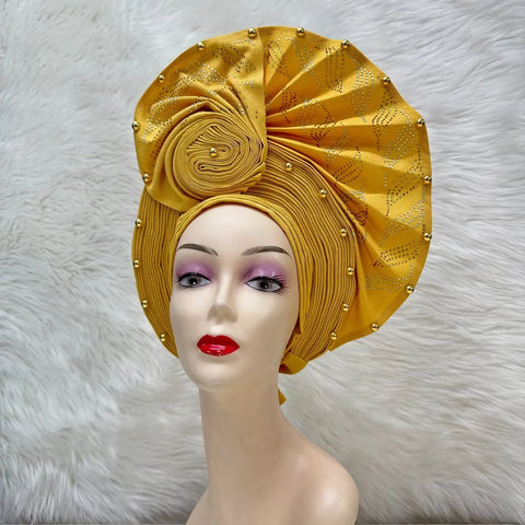 Image of Fahion High Quality Nigerian Gele Headtie Aso Oke Gele Already Made Auto Gele Aso Ebi Headtie African Turban with Bead Z1113-1-FrenzyAfricanFashion.com