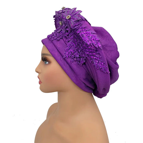 Image of Embroidery Flower African Autogele Headtie Women's Fashion Turban Cap Wedding Gele Party Headpiece Nigeria Female Head Wraps-FrenzyAfricanFashion.com