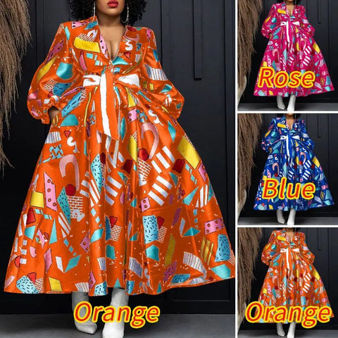 Image of Plus Size VONDA Elegant Women Satin Dress V-neck Bohemian Ruffled Long Dress Floral Printed Puff Sleeve Casual Sundress Belted-FrenzyAfricanFashion.com