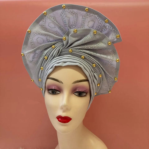 Image of Fahion High Quality Nigerian Gele Headtie Aso Oke Gele Already Made Auto Gele Aso Ebi Headtie African Turban with Bead Z1113-1-FrenzyAfricanFashion.com