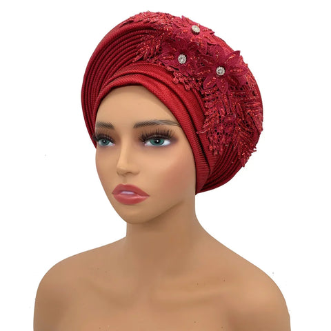 Image of Embroidery Flower African Autogele Headtie Women's Fashion Turban Cap Wedding Gele Party Headpiece Nigeria Female Head Wraps-FrenzyAfricanFashion.com