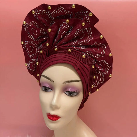 Image of Fahion High Quality Nigerian Gele Headtie Aso Oke Gele Already Made Auto Gele Aso Ebi Headtie African Turban with Bead Z1113-1-FrenzyAfricanFashion.com