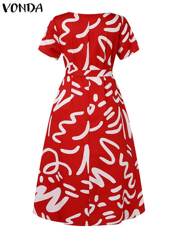 Image of Plus Size 5XL VONDA Summer Women Dress 2024 Fashion Belted Maxi Long Party Dress Vintage Printed Sundress Casual Vestidos Robe-FrenzyAfricanFashion.com