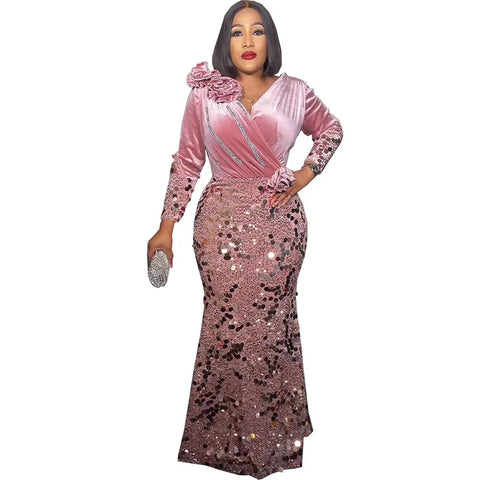 Image of 2023 Velvet African Dresses for Women Africa Women Long Sleeve V-neck Plus Size Flower Sequin Evening Party Long Dress-FrenzyAfricanFashion.com