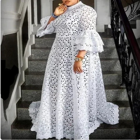 Image of White Lace Dresses for Women Wedding Guests Elegant Turn Down Collar Puff Sleeves Pleated Hem Midi Dress Luxury Occasion Clothes-FrenzyAfricanFashion.com