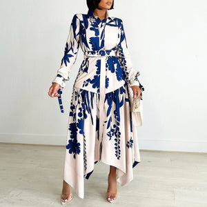 Spring Casual Printed Irregular Maxi Dress Women Printing Button Party Evening Holidays Long Dress with Belt Women-FrenzyAfricanFashion.com