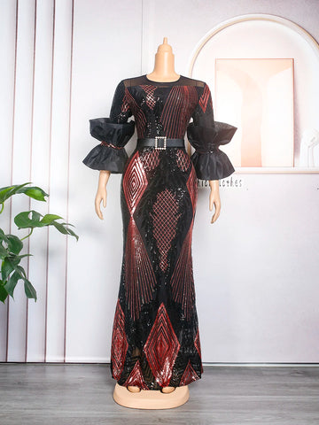 Image of Plus Size Evening Dresses Women 2024 New Dashiki African Sequin Party Long Dress Ankara Robe Elegant Turkey Gown African Clothes-FrenzyAfricanFashion.com