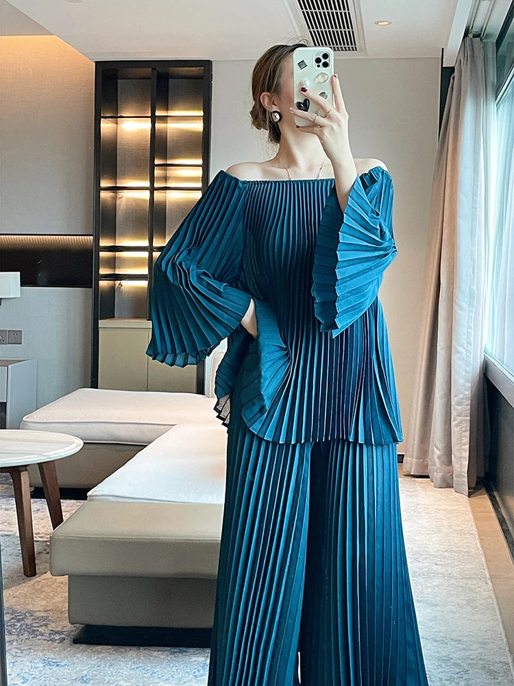 Elegant Pleated Set Women Loose Flare Sleeves Fold Blouse Wide Leg Pants-FrenzyAfricanFashion.com