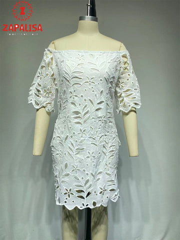 Image of Elegant Women Summer Solid Color Pencil Dress Hollow Out Design Lace Decor See Through Slash Neck Half Sleeve Slim Mini Dress-FrenzyAfricanFashion.com