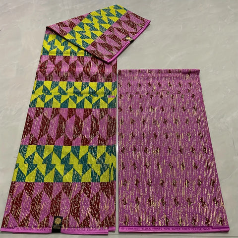 Image of Pink Kente Fabric Wax Print 2+4 Yards African Golden Cotton Newest Style Ankara-FrenzyAfricanFashion.com