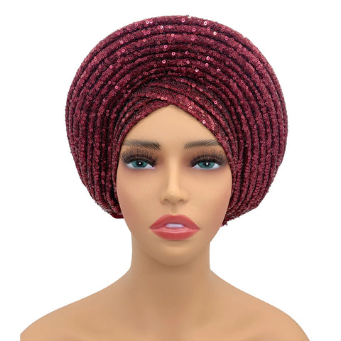 Image of Sequins Auto Gele Headtie African Women's Head Wraps Fashion Turban Cap Nigeria Wedding Geles Already Made Head Ties Headpiece-FrenzyAfricanFashion.com