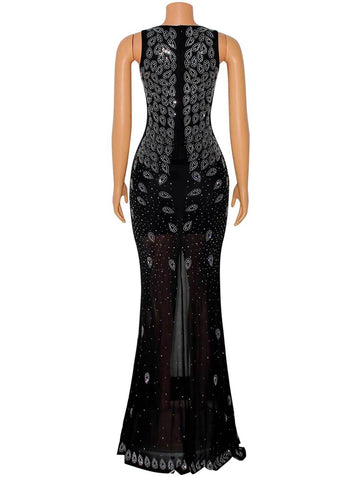 Image of Women Sexy V-Neck Sheer Mesh Rhinestone Decor Tight Mermaid Dress-FrenzyAfricanFashion.com