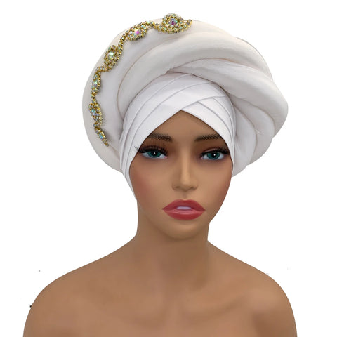 Image of Twisted Braid Turban Cap for Women African Lady Head Wraps Diamonds Nigeria Raw Silk Autogele Headtie Muslim Hat Party Headwear-FrenzyAfricanFashion.com