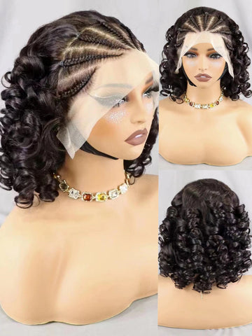 Image of Lace Frontal Wigs Loose Curly Bob Wig Remy Human Hair Natural Cornrow Braided Women hair-FrenzyAfricanFashion.com