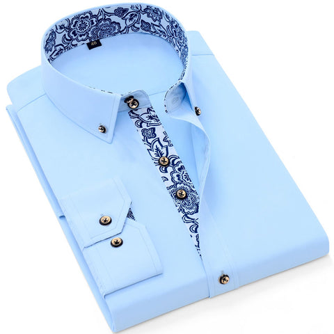 Image of Blue-and-white Porcelain Collar Shirt Men Long Sleeve SlimFit Casual Business Dress Shirts Solid Color White Shirt Cotton-FrenzyAfricanFashion.com