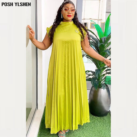 Image of Pleated Abaya African Dresses for Women 2024 Summer Plus Size Traditional Nigeria Caftan Dress Abaya Musulman Robe Femme Clothes-FrenzyAfricanFashion.com