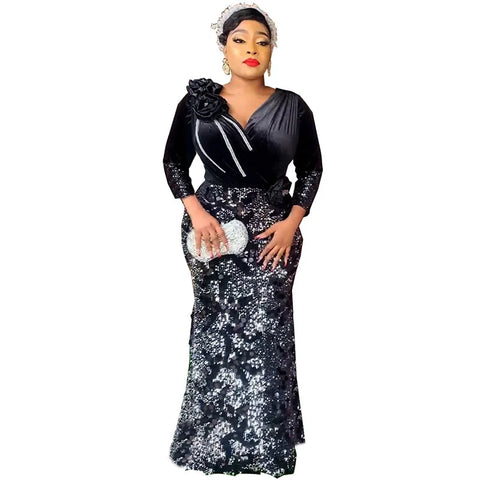 Image of 2023 Velvet African Dresses for Women Africa Women Long Sleeve V-neck Plus Size Flower Sequin Evening Party Long Dress-FrenzyAfricanFashion.com