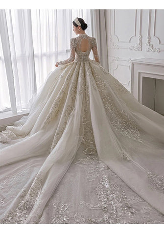 Image of Luxury White Wedding Dresses Long Sleeves V-Neck Lace Beaded Pearls Backless Sweep Train Appliques Lace Wedding Bridal Gown 2022-FrenzyAfricanFashion.com