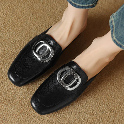 Image of Plus size 34-41 women's genuine leather square toe slip-on flats summer mules metal buckle decoration casual female sandals shoe-FrenzyAfricanFashion.com