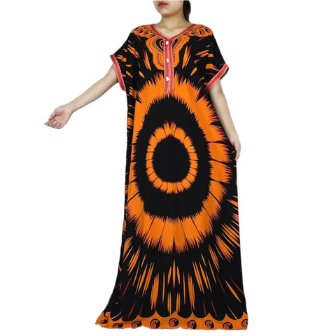 Image of Party Dress Women Loose Cotton Short Sleeve Maxi Robe Floral Abaya-FrenzyAfricanFashion.com